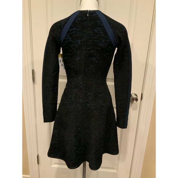 ISSA Dark Blue Velour Textured Patterned Fit & Flare Dress, Size Small - Picture 7 of 11